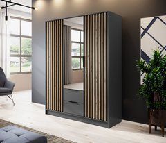 Шкаф для одежды Perfect Home Нелли / Nelly 3D 3-дверный с зеркалом Графит/дуб артизан реальная фотография