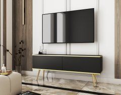 Тумба под телевизор Perfect Home Оро/Oro 2-дверная с золотыми ножками RTV135 Черный реальная фотография