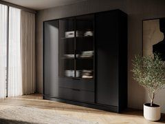 Гардеробный / шкаф для одежды Perfect Home Келли / Kelly 4DRM 4-дверный с центральной прозрачной дверцей и дополнительными полками Черный реальная фотография