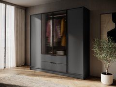 Гардеробный / шкаф для одежды Perfect Home Келли / Kelly 4DRM 4-дверный с центральной прозрачной дверцей и реей Графит реальная фотография