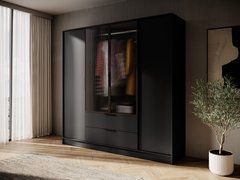 Гардеробный / шкаф для одежды Perfect Home Келли / Kelly 4DRM 4-дверный с центральной прозрачной дверцей и реей Черный реальная фотография