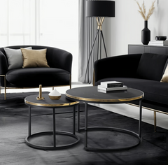 Комплект журнальных столиков MEBEL ELITE ARON, 70/47 и 50/42 см, Черный мрамор / Золото реальная фотография