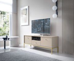 Тумба под телевизор Perfect Home Моно/Mono 2-дверная с 1 ящиком и золотыми ножками MRTV154 Беж песочный реальная фотография