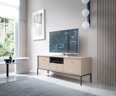 Тумба под телевизор Perfect Home Моно/Mono 2-дверная с 1 ящиком и черными ножками MRTV154 Беж песочный реальная фотография