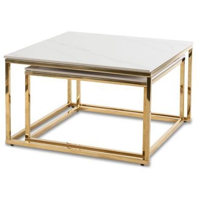 Комплект журнальних столів MEBEL ELITE TENOR 70/43 і 60/37 см Білий мармур/золото жива фотографія