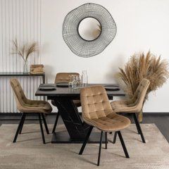 MEBEL ELITE Набір CLARK Стіл 120-160 см Чорний мармур і 4 стільці RICK Бежевий жива фотографія
